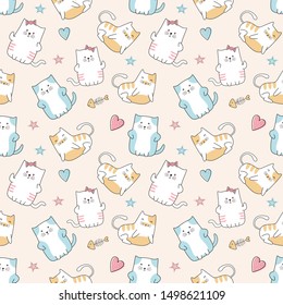Cute cats seamless pattern cartoon funny character drawing. Vector illustration ready for kids and baby fashion textile print.