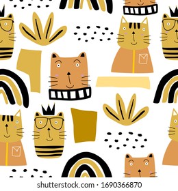 Cute cats seamless pattern. Cartoon animals with colorful background. Creative childish texture. Great for fabric, textile. Vector illustration