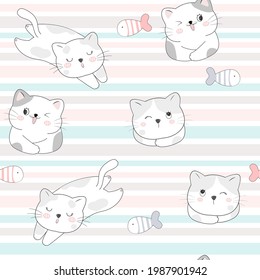 Cute Cats Seamless Pattern, Cartoon Animals Background, Vector Illustration