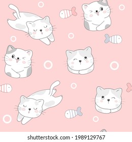 Cute Cats Seamless Pattern, Cartoon Animals Background, Vector Illustration