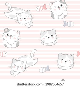 Cute Cats Seamless Pattern, Cartoon Animals Background, Vector Illustration