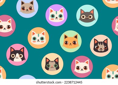 Cute cats seamless pattern. Cartoon kittens in colorful circles, bubbles. Cats heads emoticons vector isolated. Print design for clothes, fabric, textiles, postcards. Feline domestic. Set of faces