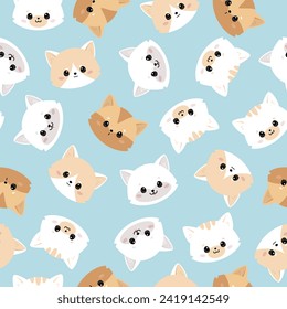 Cute cats seamless pattern. Cartoon kittens head. Print design for clothes, fabric, textiles, postcards. Set of faces