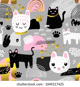 Patrón de gatos sin inconvenientes. Fondo infantil con elementos gatitos y abstractos. Diseño Baby Freehand para Tejido, Tejido, Papel tapiz, Envolver. Ilustración del vector