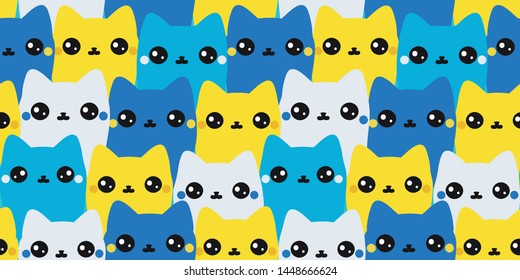 Cute cats seamless pattern. Colorful texture with yellow, blue and white funny kittens. Drawings of Pets collection. Animal print. Vector illustration.