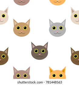 Cute cats seamless pattern. Funny animals vector background. Cat's faces with big eyes. Design for fabric, wrapping paper