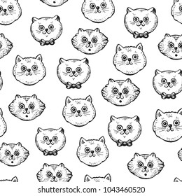 Cute cats seamless pattern. Hand drawn vector illustration. Sketch background.