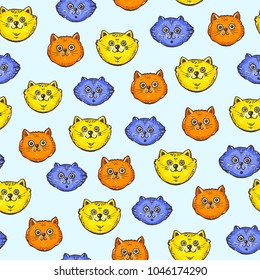 Cute cats seamless pattern. Hand drawn vector illustration. Colorful background.