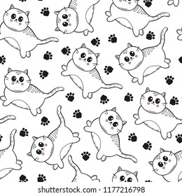 Cute cats seamless pattern. Hand drawn vector illustration. Kawaii seamless pattern.