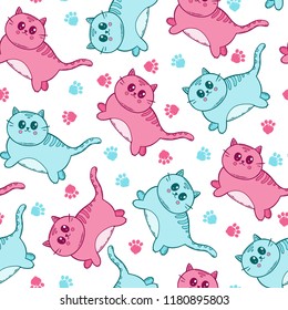 Cute cats seamless pattern. Hand drawn vector illustration. Kawaii seamless pattern. Colorful background.
