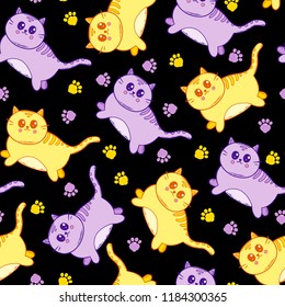 Cute cats seamless pattern. Hand drawn vector illustration. Kawaii seamless pattern. Colorful background.