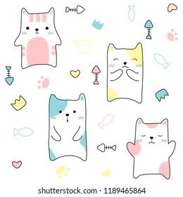 Cute cats seamless pattern hand drawn style. Vector illustration design.