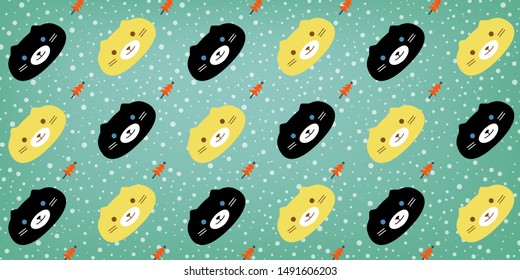 Cute cats seamless pattern, cats hand drawn snow background with christmas tree, vector illustration. 