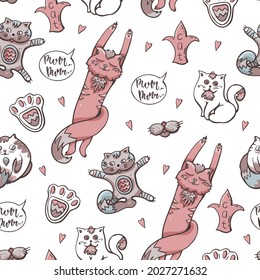 Cute cats seamless pattern. Hand-drawn illustration for children. Vector background.