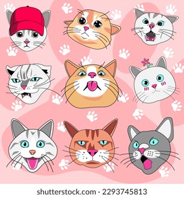 Cute cats seamless pattern. Cats heads emoticons vector isolated. Print design for clothes, fabric, textiles, postcards. Feline domestic trendy pet. Set of faces