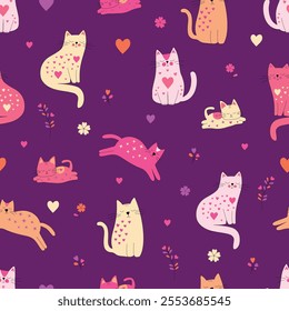 Cute Cats Seamless Pattern with Hearts and Floral Elements