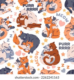 Cute cats, seamless pattern. Kitties, love couples hugging, repeating print. Endless feline valentines background, texture design. Printable flat vector illustration for fabric, textile, wrapping