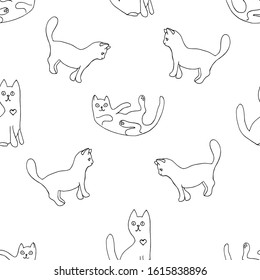Cute cats. Seamless pattern. Line art. Vector illustration.