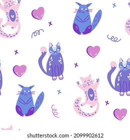 Cute Cats seamless pattern. Naive childish ornament with funny kitty. Perfect for printing on fabric, clothing, wrapping paper, wallpaper for a kid's room, baby things. Vector illustration. 