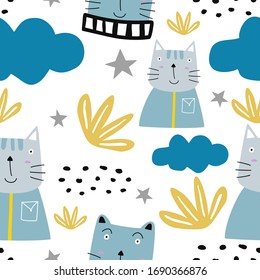 Los gatos sin fisuras con el tema de la naturaleza. Animales de dibujos animados con un fondo colorido y bonito. Textura infantil creativa. Excelente para tela, textil. Ilustración del vector