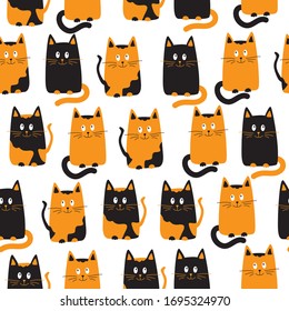 Cute cats seamless pattern. Orange and black kittens. Drawn two-tone cats.