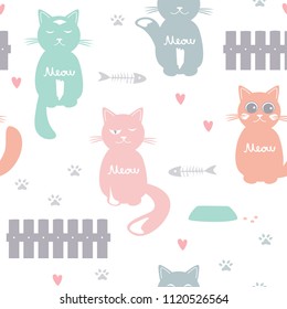 Cute cats seamless pattern. Pastel palette. Cats, fence, feed, and hearts. Vector illustration