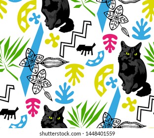 Cute cats seamless pattern. Pet vector illustration. Cartoon cat images. Cute design for kids. Сhildren's pattern