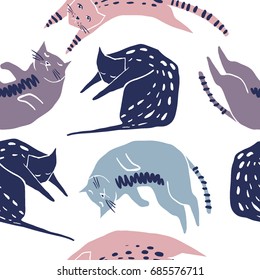 Cute cats seamless pattern. Pet vector illustration. Cartoon cat images. Cute design for girls, kids. Hand drawn children's pattern