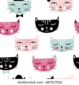 Cute cats seamless pattern. Pet vector illustration. Cartoon animals images. Cute kitten design for girls, kids. Hand drawn children texture for fashion clothes, shirt, fabric. Blue, black and pink