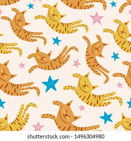 Cute cats seamless pattern with stars funny drawing. Vector texture of sleepy kitten cat decoration background for baby, kids, and children fashion textile print and wrapping.