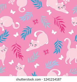 Cute cats seamless pattern vector illustration for kids fashion, children artworks.