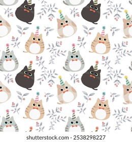 Cute cats seamless pattern vector illustration. Cat in different color  in flat style design. Party hat and botanical berry plant.