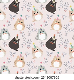 Cute cats seamless pattern vector illustration. Cat in different color  in flat style design. Party hat and botanical berry plant with pink background.