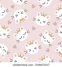 Cute Katzen nahtloses Muster, süßer weißer Katzenkopf und Liebe. Weiße Katzen und Kätzchen. Vektorgrafik auf rosafarbenem Hintergrund. Design für Scrapbooking, Hintergrund, Stoff und all Ihre kreativen Projekte