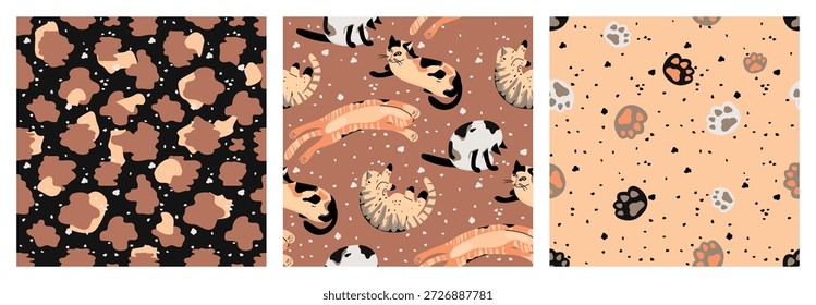Gatos bonitos sem emenda coleção padrões. Animais textura da pele, impressão de pata e desenhos animados engraçados animais de estimação. Planos de fundo granulados nas cores preta, cinza e marrom. Designs vetoriais para impressão em tecido e papel.