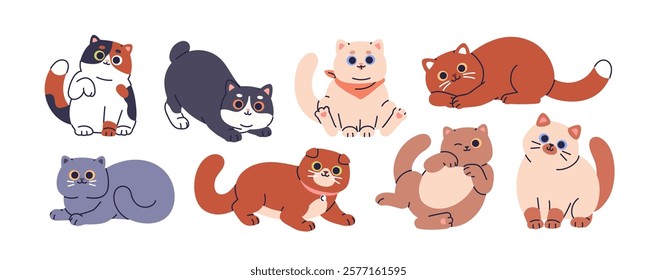 Cute cats set. Big-eyed baby kitties. Funny kawaii feline animals with happy charming playful expression. Adorable lovable sweet kittens. Kids flat vector illustration isolated on white background