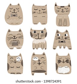 Cute cats set. Childish cartoon characters. Brown vector illustration.