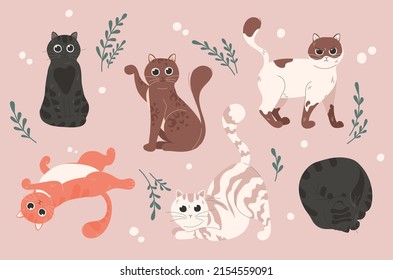 Cute cats set. Collection of beautiful pets and characters for girls. Love for animals and care of nature. Playful kittens with leaves. Cartoon flat vector illustrations isolated on pink background