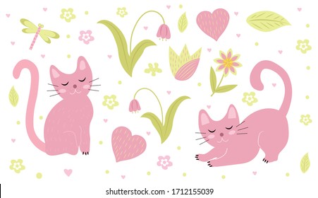 Cute cats set flat hand mouse style. Kittens are small. Vector illustration