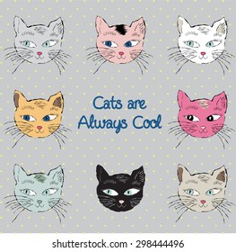 Cute cats set,  hand draw animal, cartoon character, cat vector, t-shirt print, kid graphic