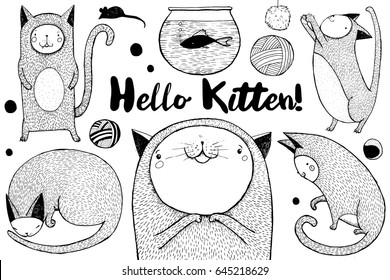 Cute cats set. Hand drawn illustration for children's books or cards. Black and white.