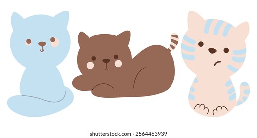 Cute cats set, kawaii cats clipart, brown, blue and striped cat