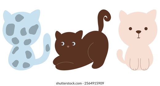 Cute cats set, kawaii cats clipart, pink kitty, brown kitten and blue cat's back with spots 