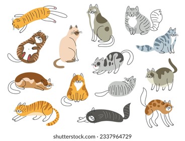 Cute cats set. Outline funny fluffy and tabby kittens characters. Icons with colorful friendly pets or domestic animals in different poses. Cartoon flat vector collection isolated on white background