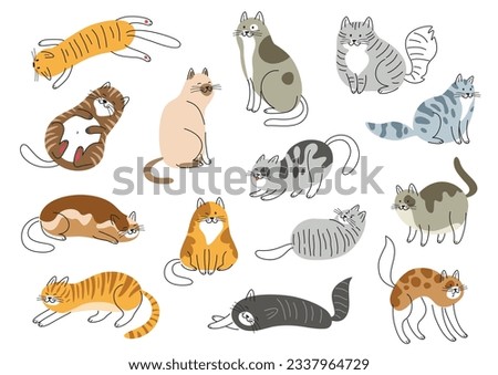 Cute cats set. Outline funny fluffy and tabby kittens characters. Icons with colorful friendly pets or domestic animals in different poses. Cartoon flat vector collection isolated on white background