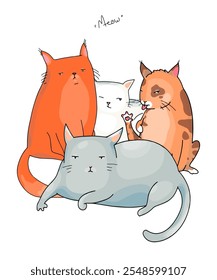 Cute cats from a set of vector cartoon characters in different poses. Postcard, logo, decor for printing.