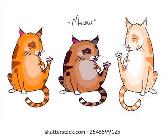 Cute cats from a set of vector cartoon characters in different poses. Postcard, logo, decor for printing.