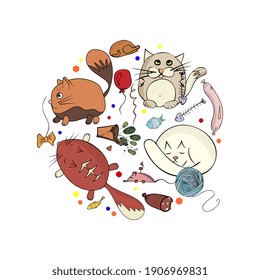 cute cats in the shape of a circle. Hand drawing , isolated. Cats and toys for packaging design, posters, baby products.