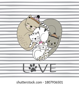 cute cats in shape heart vector illustration, cartoon cute valentines day family