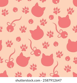 Cute Cats Silhouette Pattern - Pink Silhouettes of Cat Heads, Bells and Paws on Pink Background. Seamless Link.